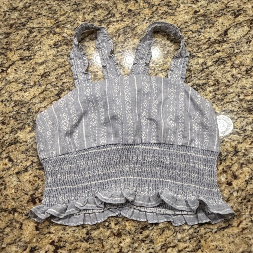Sadie & Sage Women Blue White Geometric Smocked Ruffle Crop Cami Top Medium ws